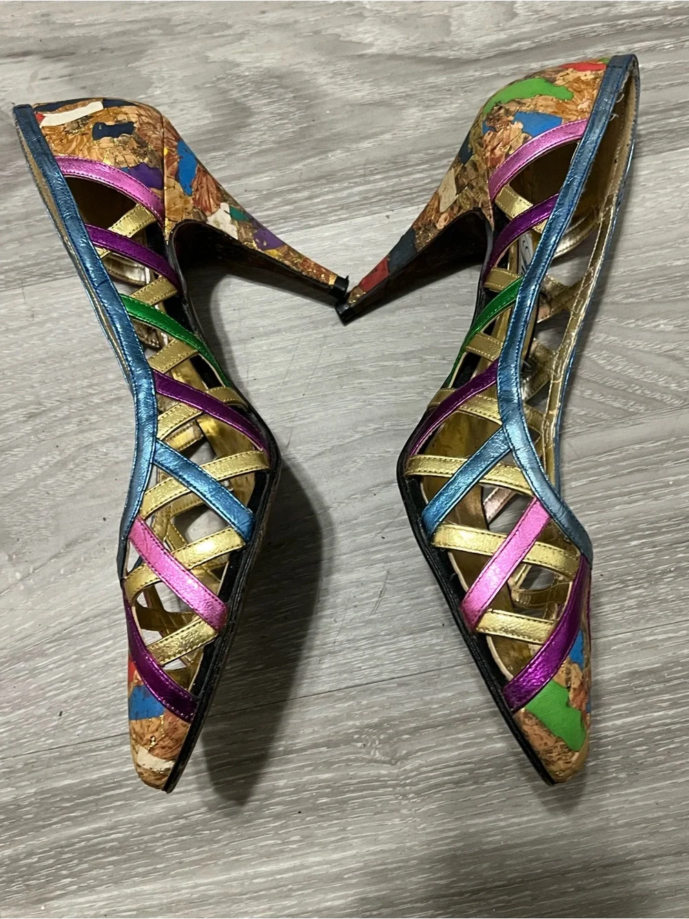 Adora Vintage Metallic Heels Strappy  Cork Mosaic Size 7 M  Colorful Shoes Y2K